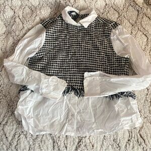 Zara Blouse Top Womens Medium Black White Tweed Contrast Fringe Dressy Work